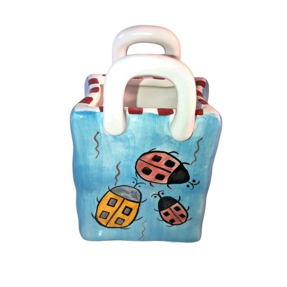 Milson & Louis Hand Painted Lady Bug Ceramic Bag Vase Planter Vintage Signed - Picture 5 of 10